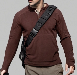 Detail of brown tactical fleece sweatshirt with button collar and stand-up design