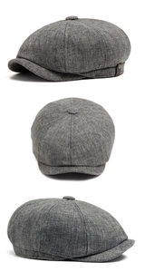 Three-angle views of grey newsboy cap showing textured fabric and leather buckle detail
