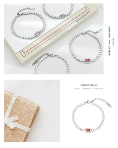 Detail of tennis bracelet with rectangular center gemstone and cubic zirconia links