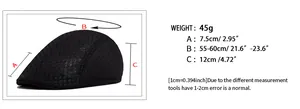 Size guide for breathable lace mesh sun hat with detailed cap dimensions and weight specs
