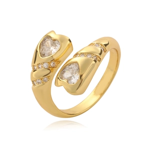 18K gold plated adjustable ring featuring double heart-shaped zircons and side accents