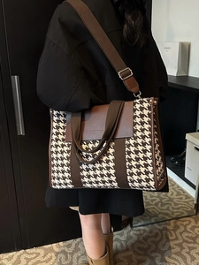 Retro houndstooth tote bag with brown leather trim and wide strap for women