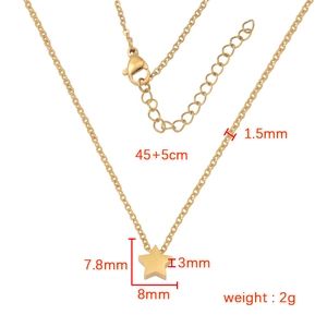 Minimalist gold stainless steel necklace with star pendant and detailed size specifications