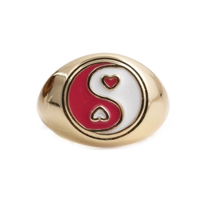 Men's copper open ring with oval yin yang heart signet design in red and white enamel