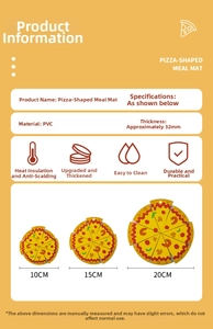 Detailed size chart for heat-resistant PVC pizza mats in 10cm, 15cm, and 20cm diameters