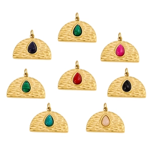 Stainless Steel Pendant Charms Half Circle Hammered Texture With Teardrop Natural Stone Inlay Vintage Retro DIY Jewelry