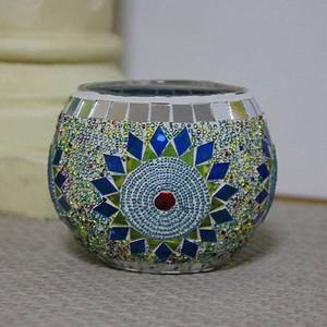 European mosaic glass candle holder with colorful beads and geometric mirror inlay