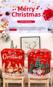Detailed view of red Christmas chair covers with Santa and Snowman holiday prints