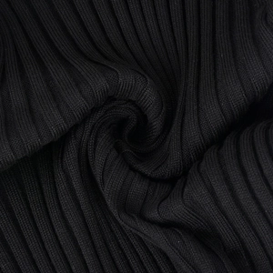 Detailed close-up of soft black ribbed knit fabric texture with vertical striped pattern