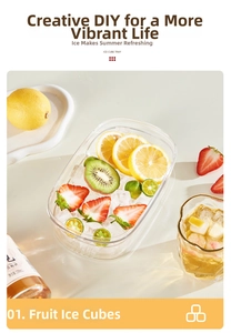 Close-up of DIY ice cube tray with fresh lemon, strawberry, and kiwi slices in clear box