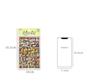 Cartoon food sticker set dimensions 18.5x10cm compared with iPhone 12 size reference