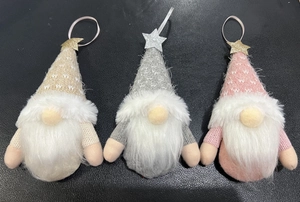 Detailed view of three hanging Christmas gnomes in beige, gray, and pink colors