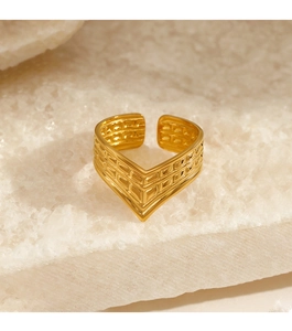 Detailed macro view of V-shaped gold adjustable ring with checkered embossed texture