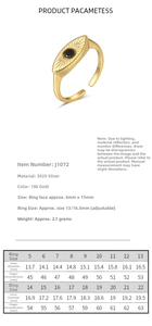 Detailed size chart and S925 silver 18k gold plated ring specifications table
