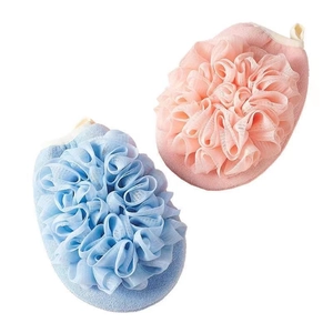 Dual-sided mesh bath sponge and washcloth set in pink and blue for deep skin cleansing