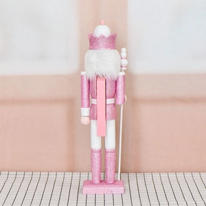 Back view of 38cm pink glitter wooden nutcracker soldier doll with white faux hair detail