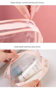 Detailed view of pink transparent waterproof PVC toiletry bag with smooth metal zipper