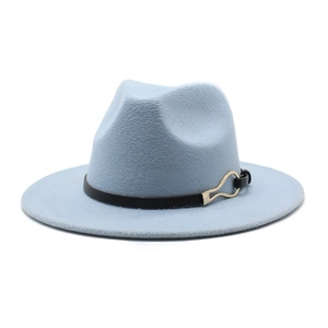 Detail of light blue wool fedora featuring a black leather band and gold buckle
