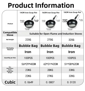 Size chart for non-stick frying pans showing 14cm, 16cm, and 18cm specifications