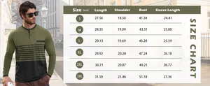 Detailed size chart for men's V-neck long sleeve shirt showing S to 3XL measurements in inches