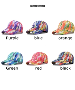 Detailed color display of six baseball caps with colorful feather print patterns