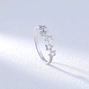 Detailed view of silver stainless steel ring featuring five connected five-point stars
