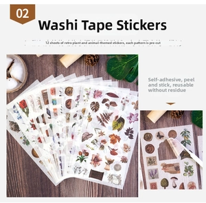 Macro detail of 12 vintage botanical die-cut washi stickers for scrapbooking and DIY crafts