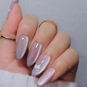 Cat Eye Press On Nails Almond Purple Gradient French Silver Glitter Butterfly Pattern Elegant Artificial False Nail