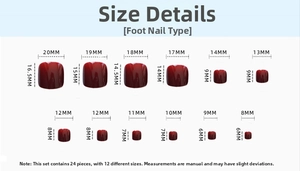 Detailed size chart showing 12 different dimensions for these mirror shine press-on toenails