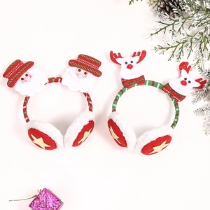 Detailed view of plush Christmas earmuffs with Santa Claus and reindeer holiday motifs