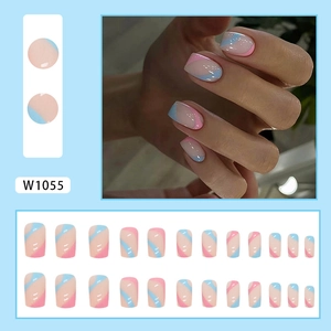 Blue and pink wavy pattern press-on nails set with 24 pieces for women fashion