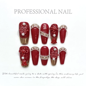 Handmade Press On Nails Long Coffin Red Chinese Wedding Style Resin 3D Charms Artificial Pearls Rhinestones Gold Edged Luxury Women