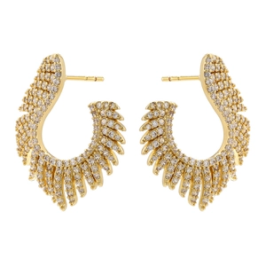 Bohemian gold feather stud earrings with sparkling cubic zirconia pavé setting
