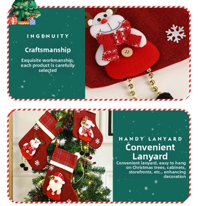 Detail of 3D Santa and snowman Christmas stockings featuring festive embroidery and lanyard