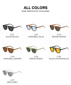 Detailed grid of retro trendy sunglasses in black, tortoise, and gray frames with diverse lenses