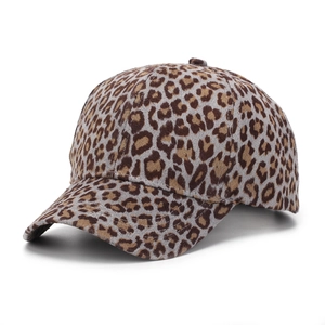 Detailed view of the leopard print baseball cap with soft brushed texture and curved brim