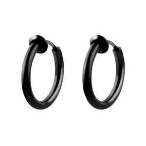 Detail view of black clip-on punk earrings in smooth metal finish for men and women