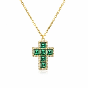 Gold cross necklace with green square-cut crystals and white pave diamonds for women