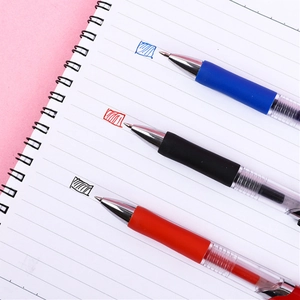 Retractable 0.5mm gel pens in black, red, and blue ink with soft rubber grip