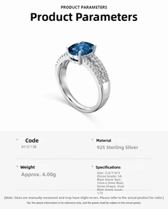 Specifications of S925 sterling silver ring with a 1.75ct oval blue zircon gemstone