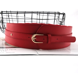 Fashionable red PU leather wide waist corset belt with golden metal buckle decoration