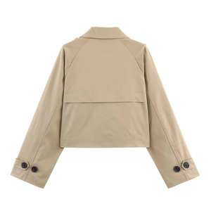 Back view of khaki short trench coat with storm flap and adjustable cuff straps