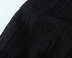 Gros plan sur le tissu en maille noire avec texture ondulée et détails ajourés