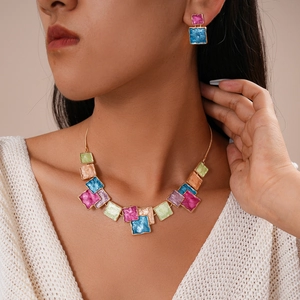Ethnic gold-plated necklace and earring set with colorful geometric enamel patchwork