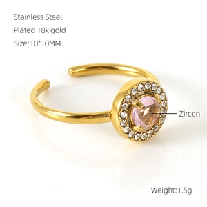 Detail of 18k gold plated stainless steel ring with 10mm round pink zircon and white stones