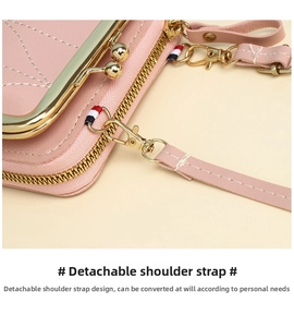 Pink quilted leather crossbody bag featuring a golden kiss-lock and removable shoulder strap