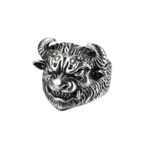 Detailed close-up of a silver punk ox head ring featuring intricate facial textures