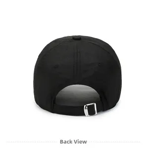 Detail view of the black sun hat featuring an adjustable silver metal buckle at the back