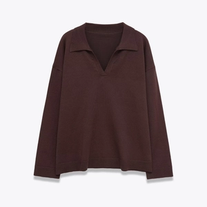 Women Knitted Long Sleeve Polo V Neck Top And Wide Leg Pants Solid Color Casual Streetwear Autumn Outfits