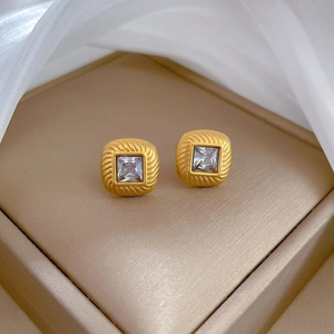 Minimalist gold titanium steel square zircon earrings with textured woven borders